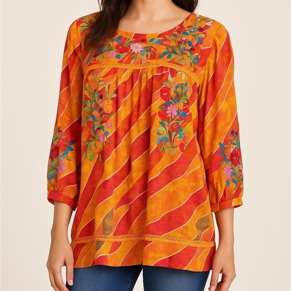 ANU Embroidered Floral Boho Tunic Blouse NWT S/M Multicolor Rayon 3/4 Sleeve